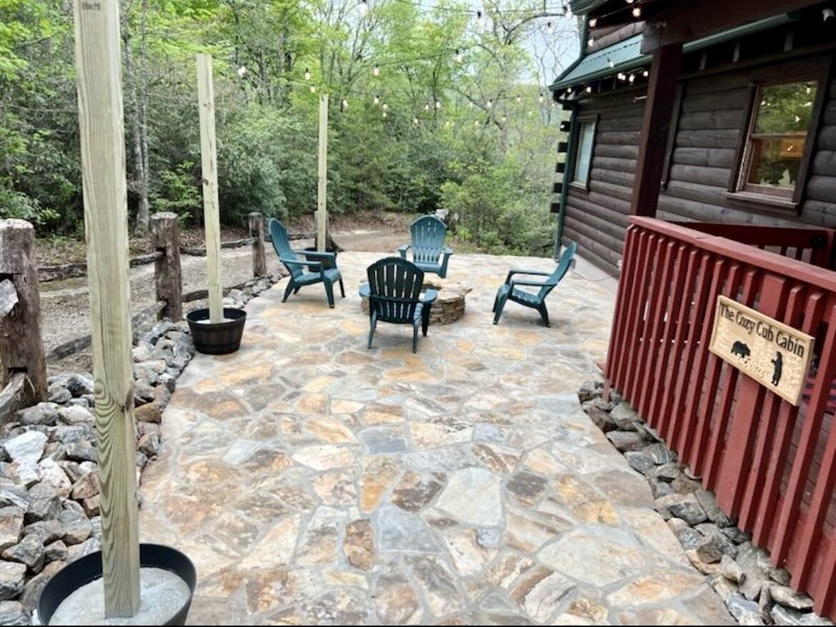 Stone fire pit with panoramic mountain views